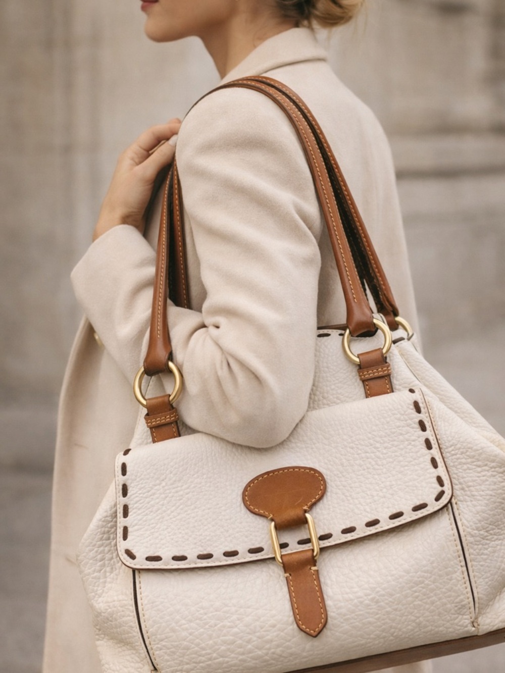 Dooney & Bourke Bone & Brown Florentine Pebbled Leather Shoulder Bag | Dust Bag